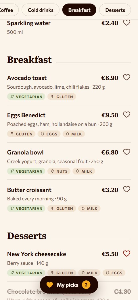 Menu with allergen tags and a sold out item