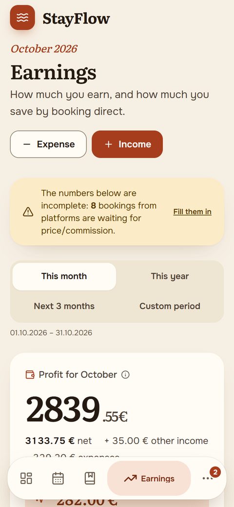 Earnings in StayFlow on a phone