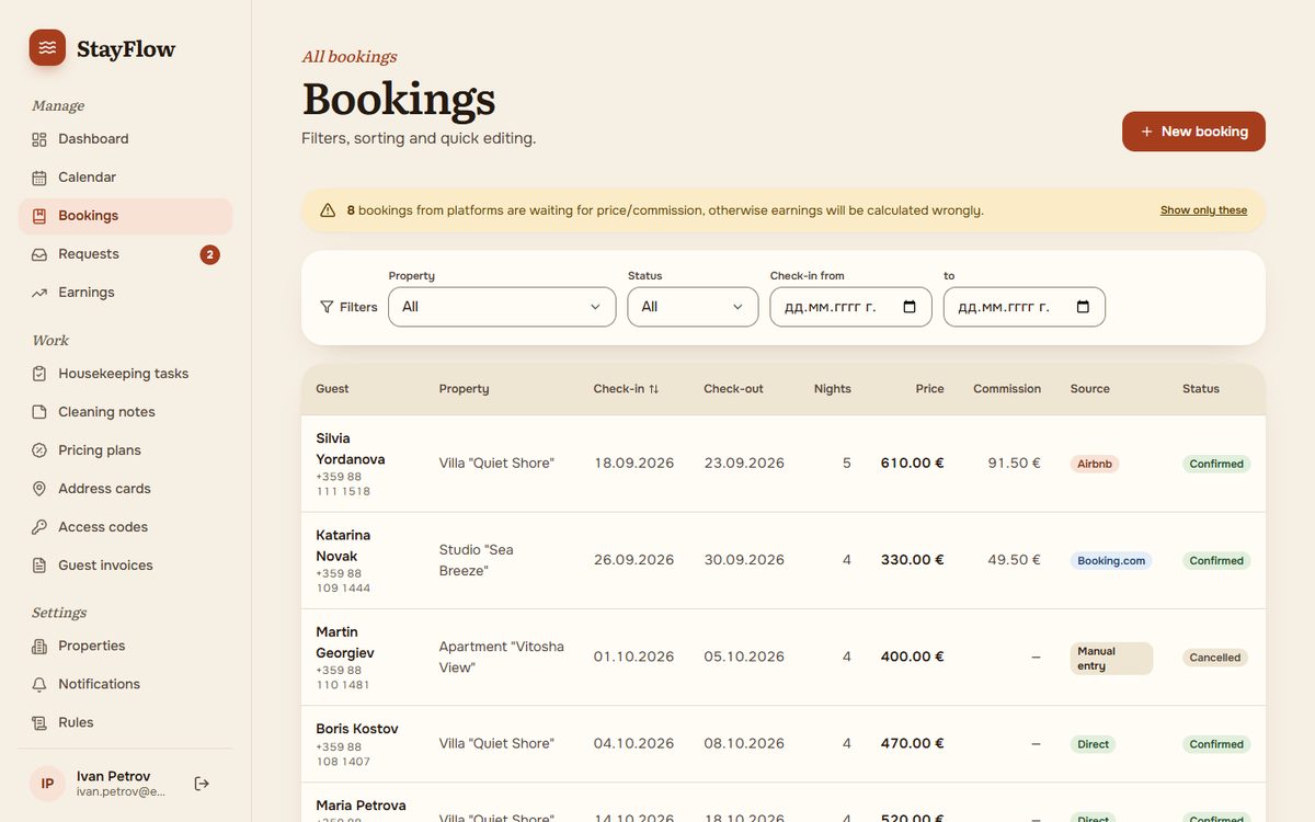 Bookings in StayFlow